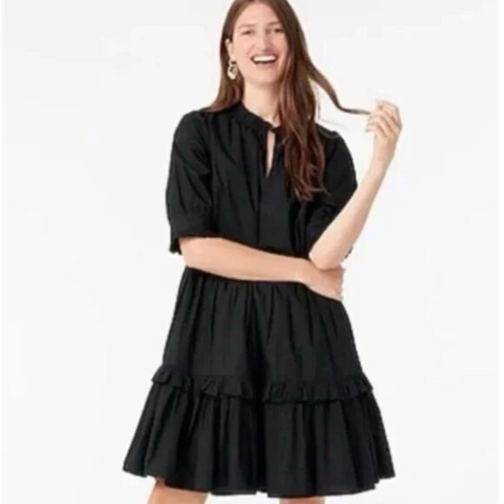 J Crew ruffled neck tiered popover black dress with short sleeve size Medium